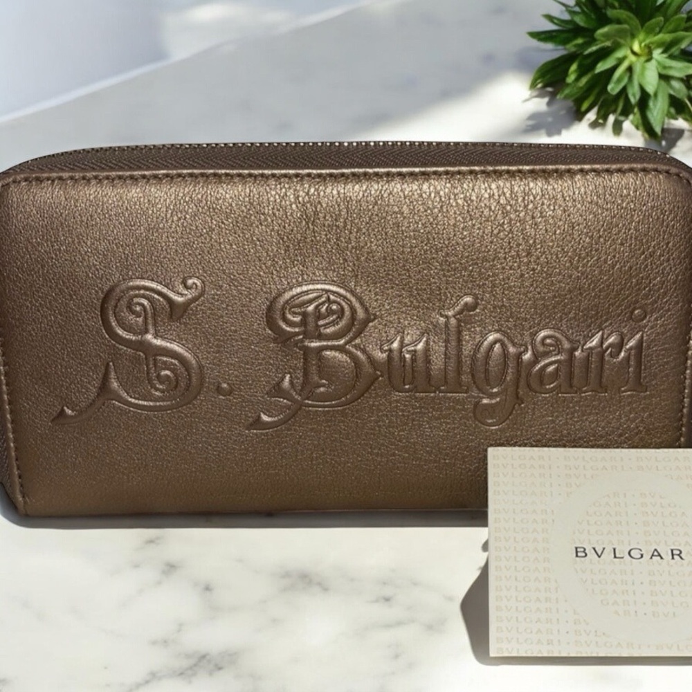 Bulgari Metallic Bronze Leather ZIp Around Wallet with COA